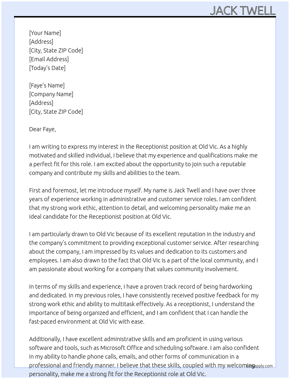 Receptionis At Old Vic Cover Letter