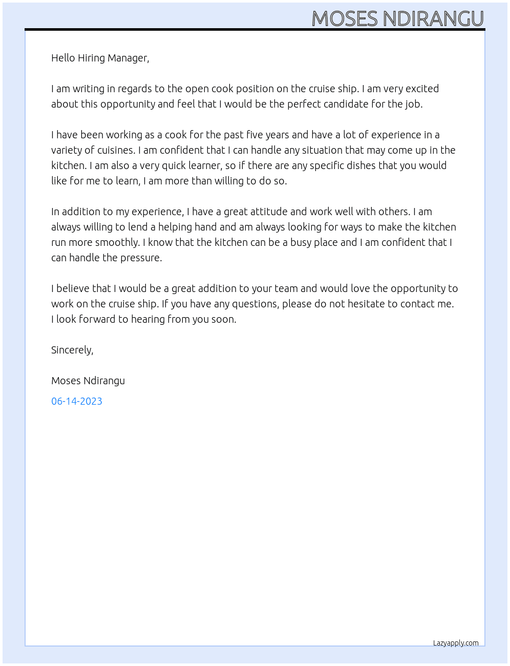 Cook At Cruise ship Cover Letter