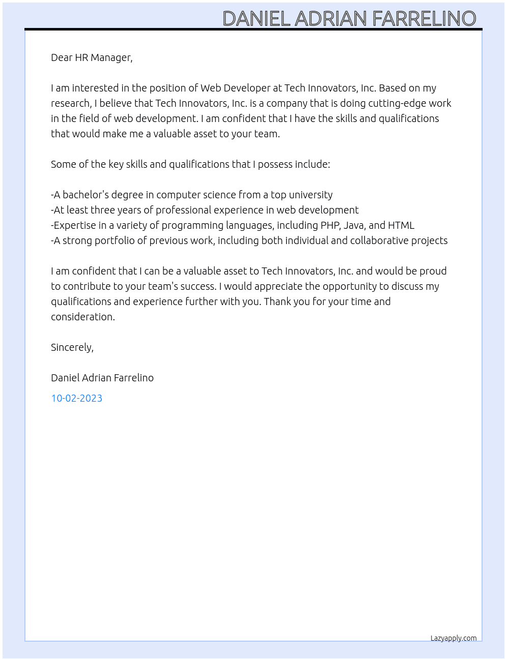 Web Developer At Tech Innovators, Inc. Cover Letter