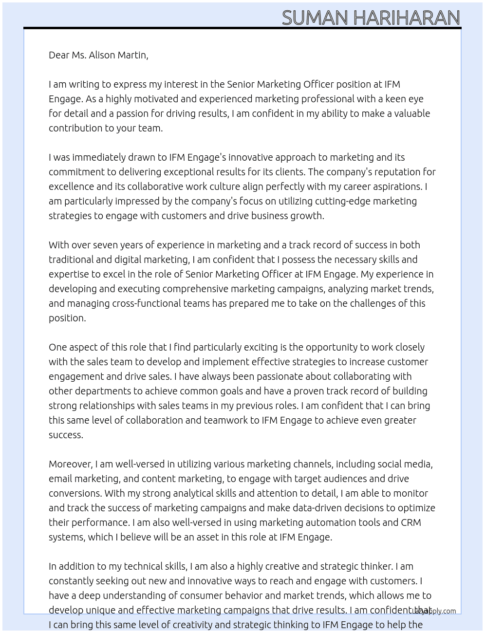 Senior Marketing officer At IFM Engage Cover Letter
