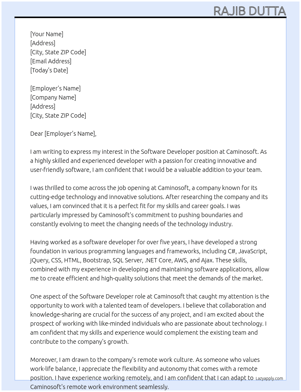 Software developer At Caminosoft Cover Letter