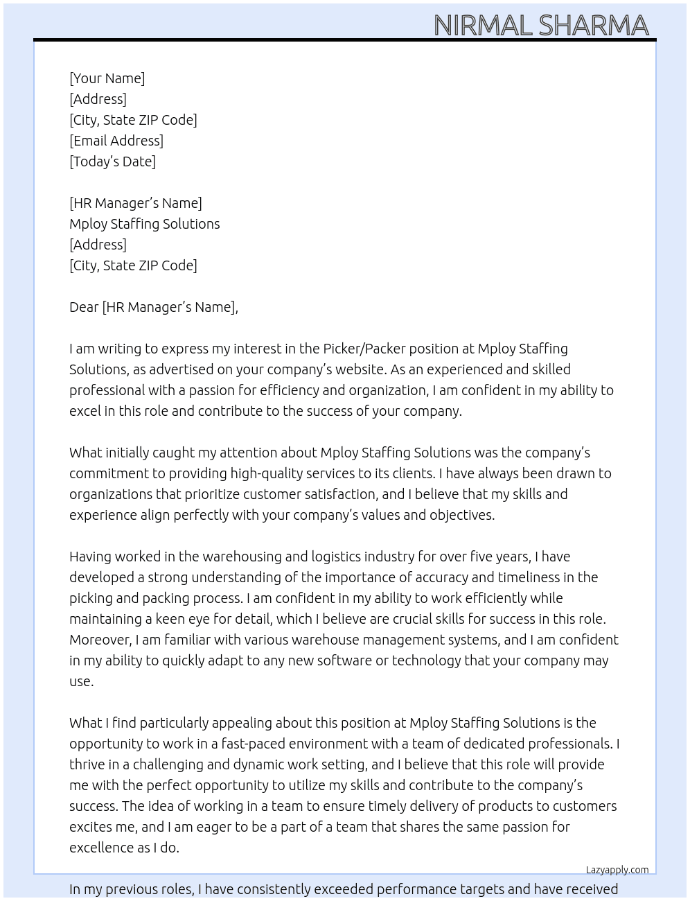 Picker / Packer At Mploy Staffing Solutions Cover Letter
