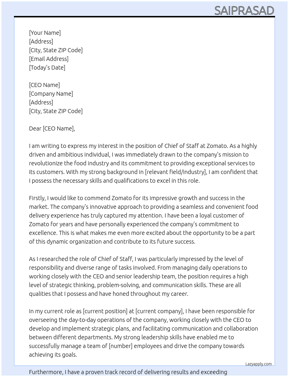 CHIEF OF STAFF At Zomato Cover Letter