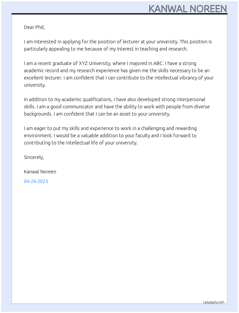 Lecturer At Phd Cover Letter