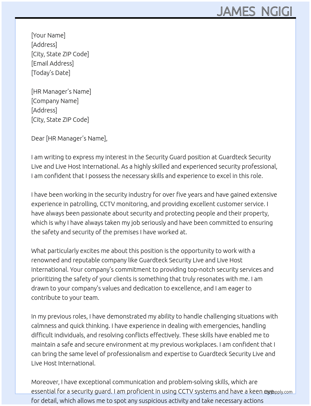 Security Guard At Guardteck Security Live and Live Host International  Cover Letter