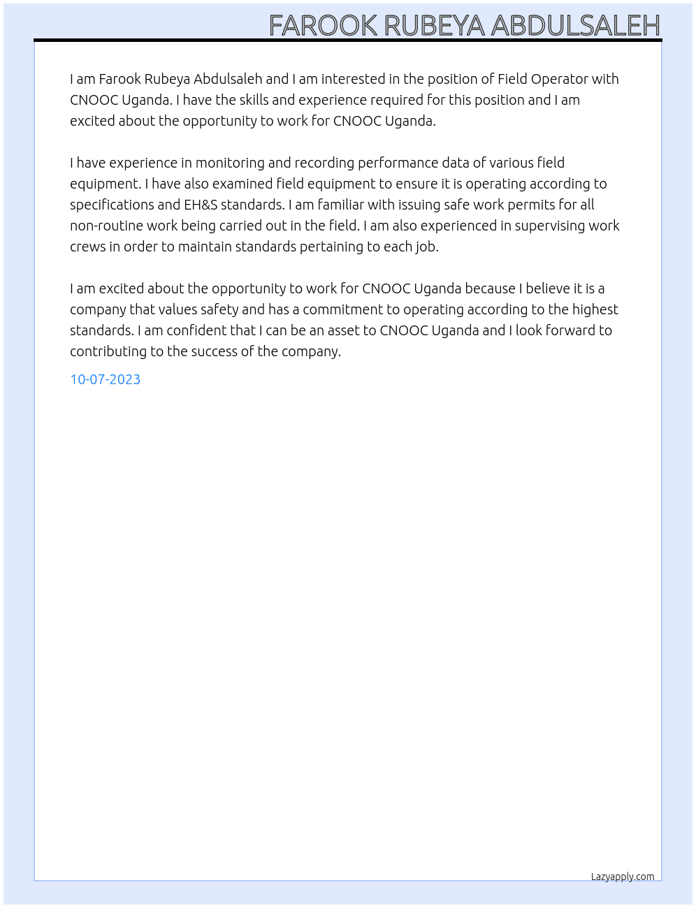 Field operator At CNOOC Uganda Cover Letter