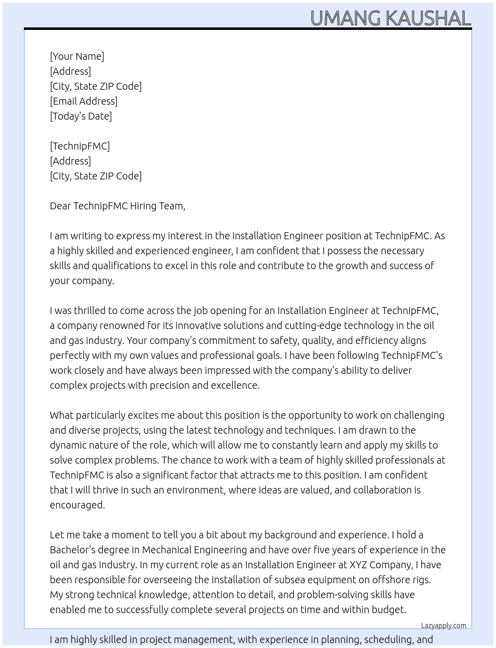 installation engineer At TechnipFMC Cover Letter