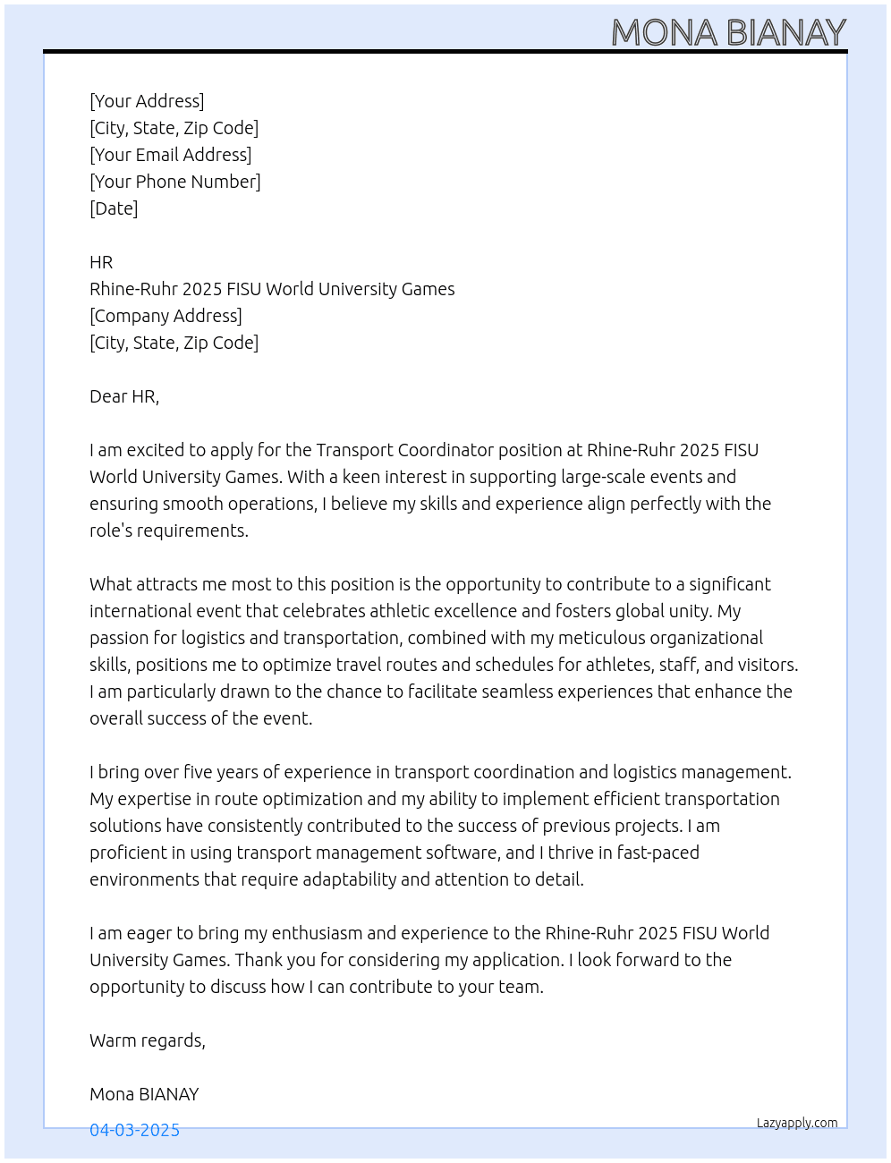 Transport coordinator At Rhine-Ruhr 2025 FISU World University Games Cover Letter