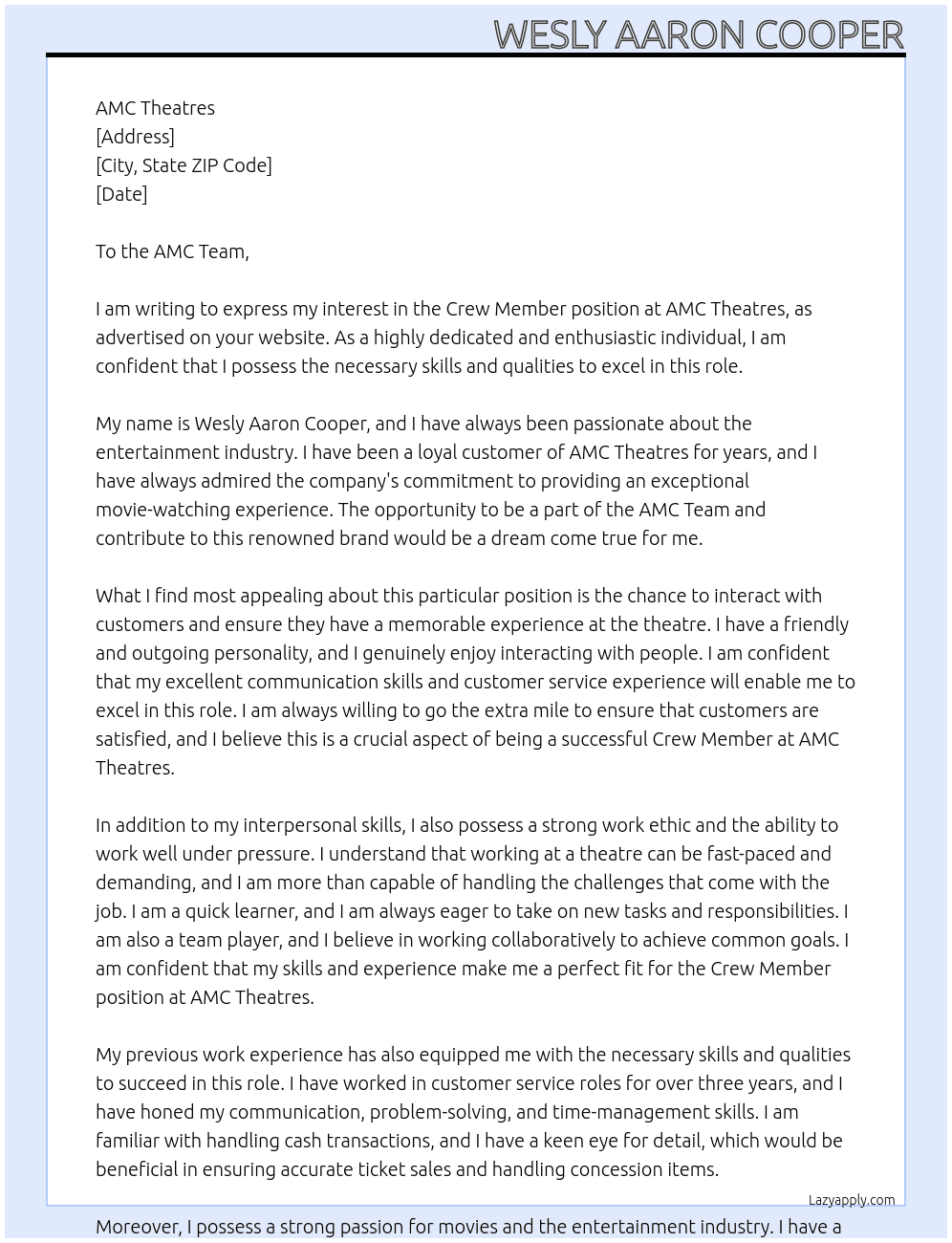 crew member job At AMC Theatres Cover Letter