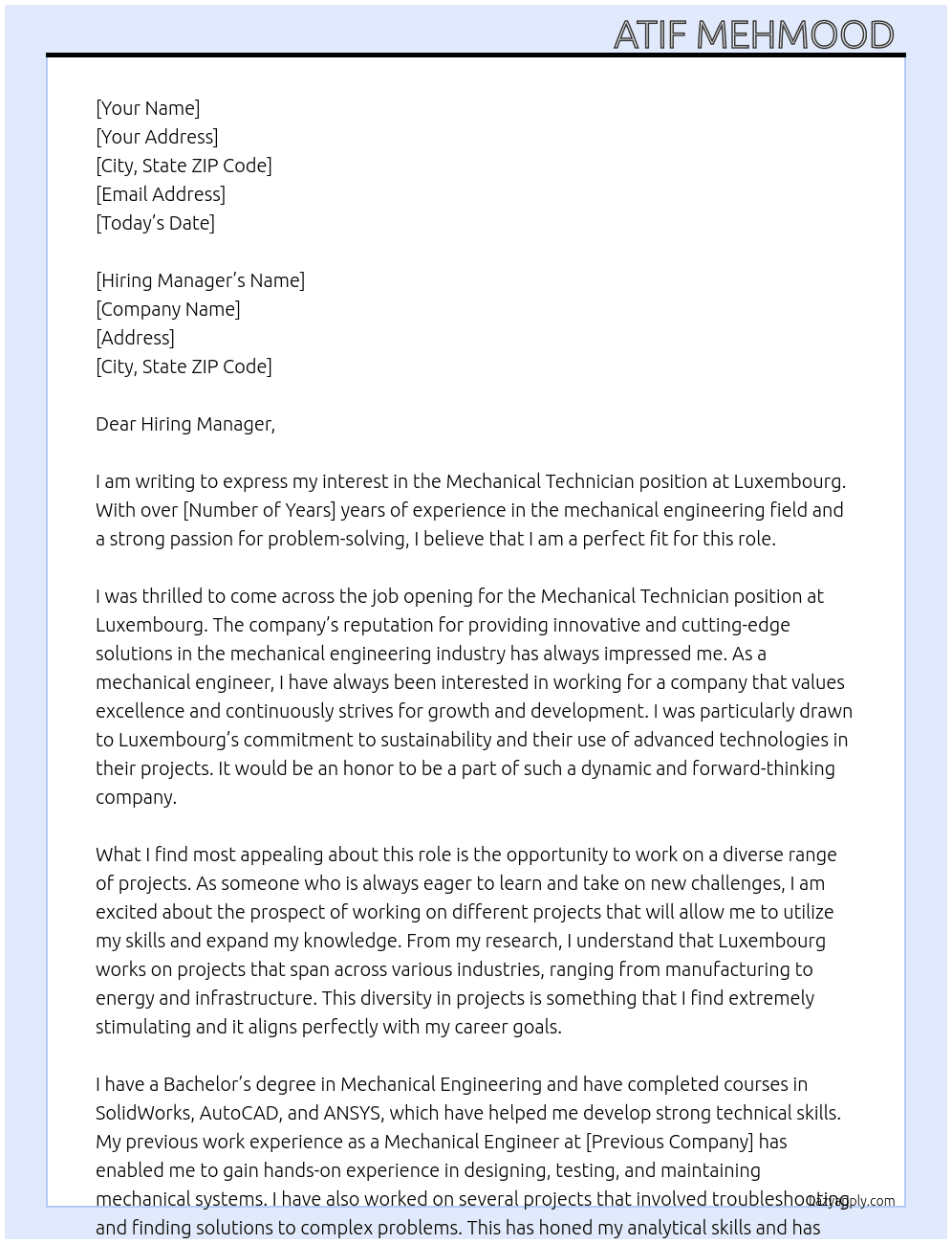 Mechanical technician  At Luxembourg  Cover Letter