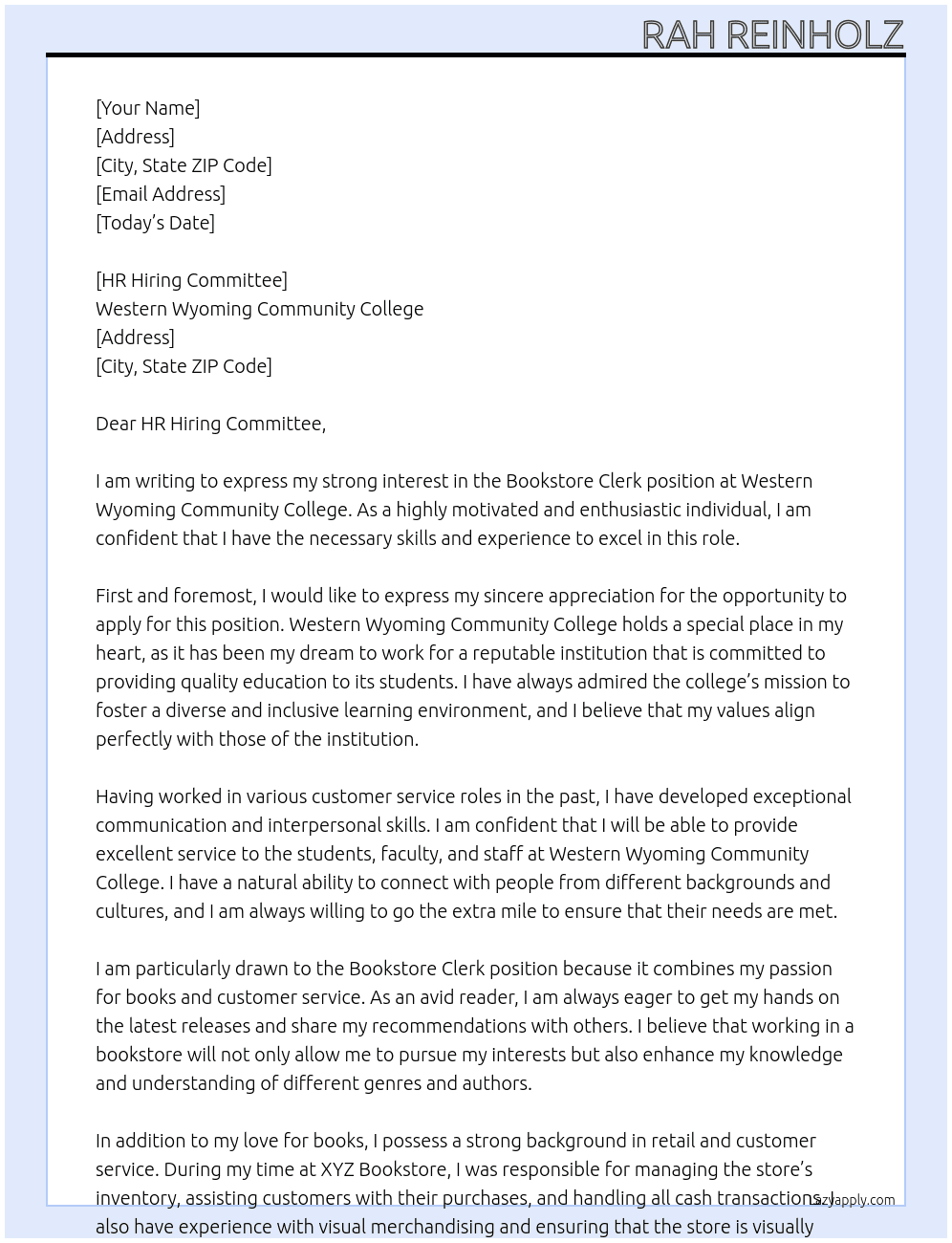Bookstore clerk At Western wyoming community college  Cover Letter