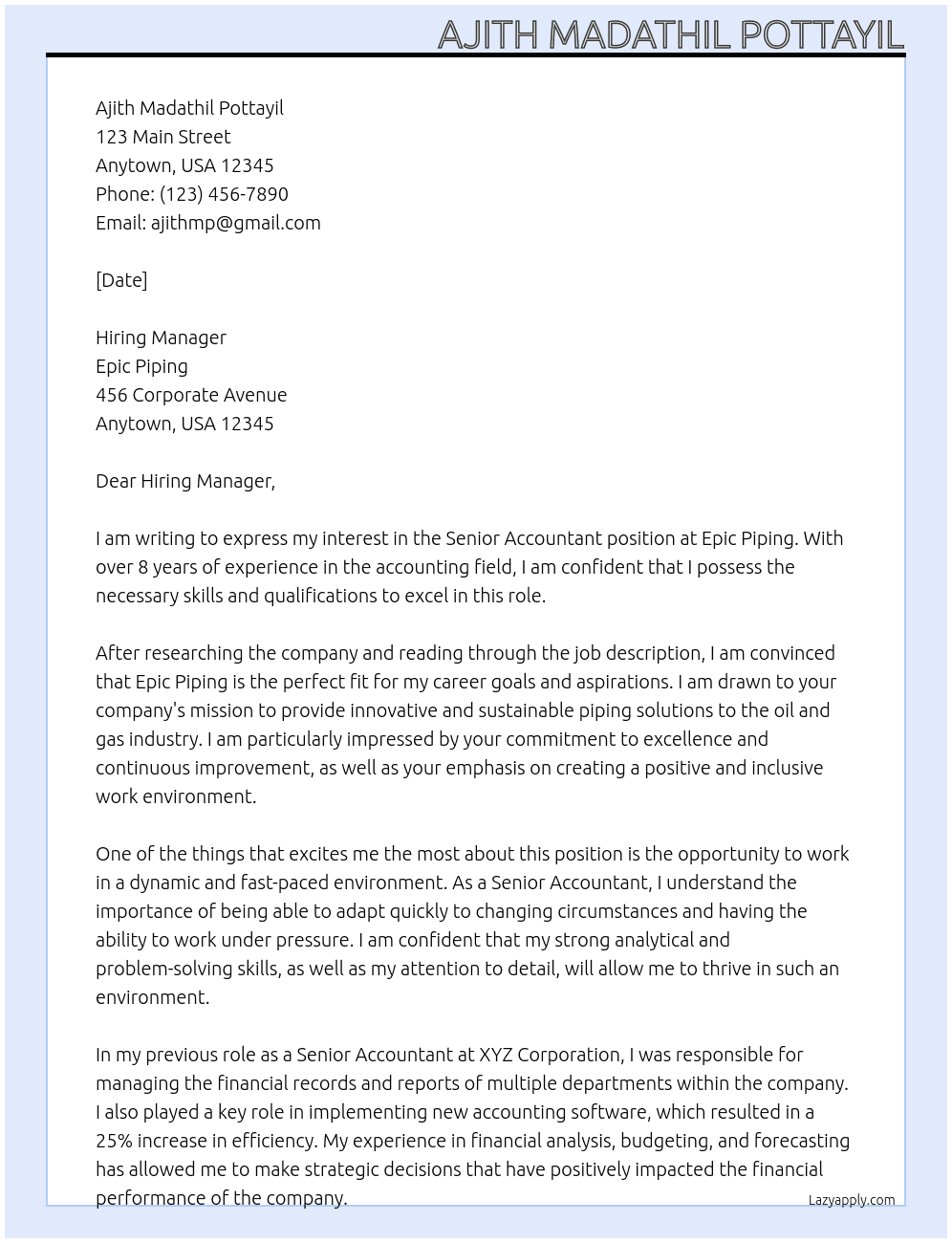 Senior Accountant  At Epic piping Cover Letter