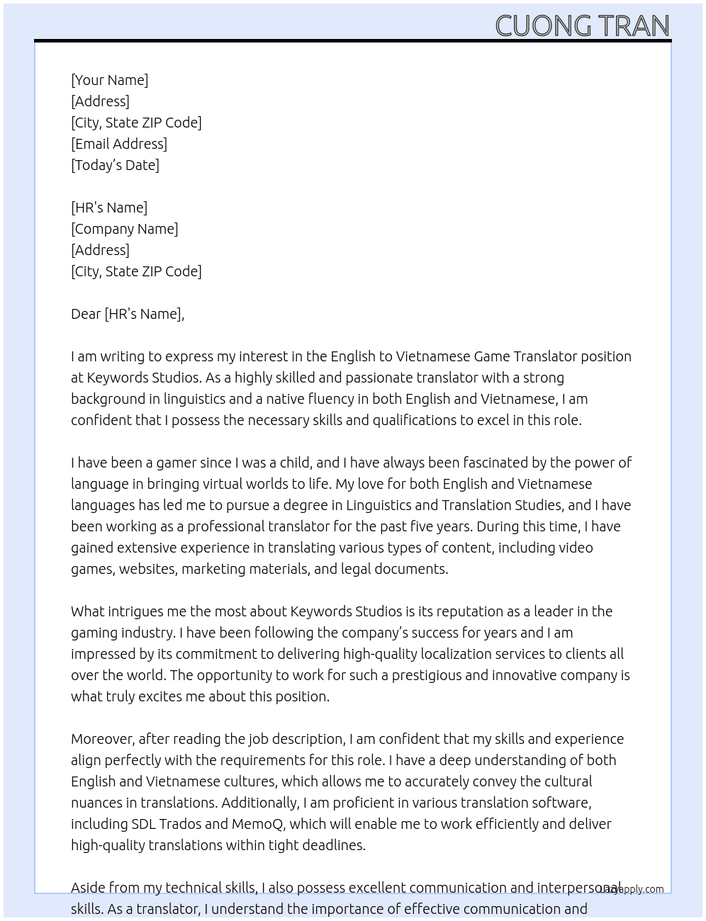 English to Vietnamese Game Translator  At Keywords Studios Cover Letter