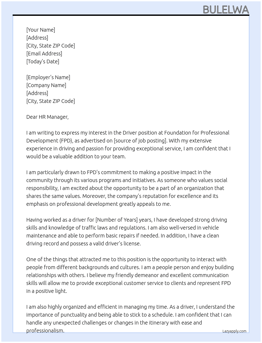DRIVER At Foundation for Professional Development Cover Letter