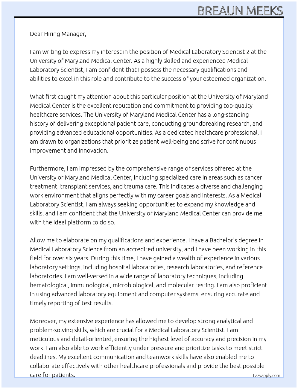 Medical Laboratory Scientist 2 At Univiersity of Maryland Medical Center Cover Letter