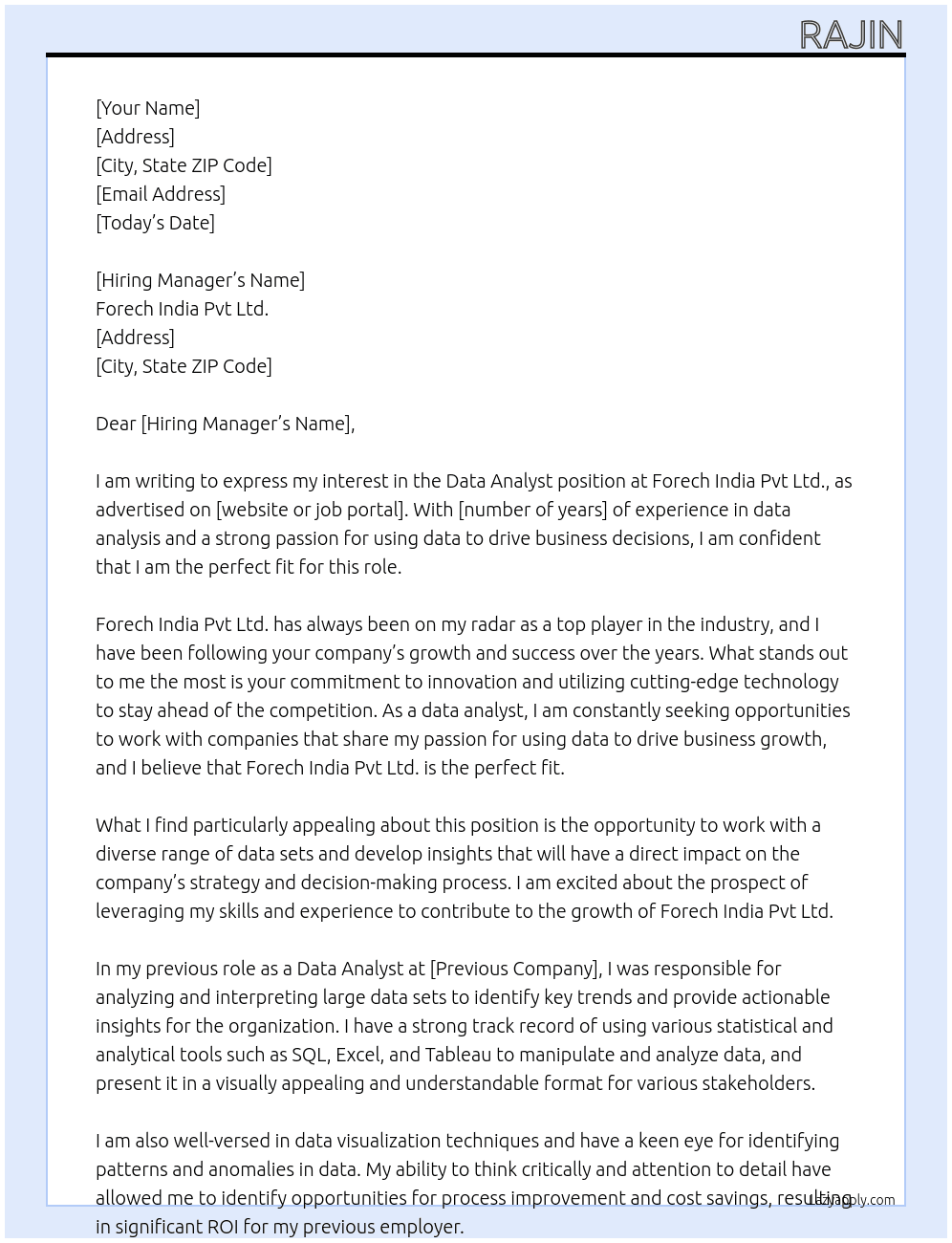 Data Analyst  At Forech India Pvt Ltd. Cover Letter
