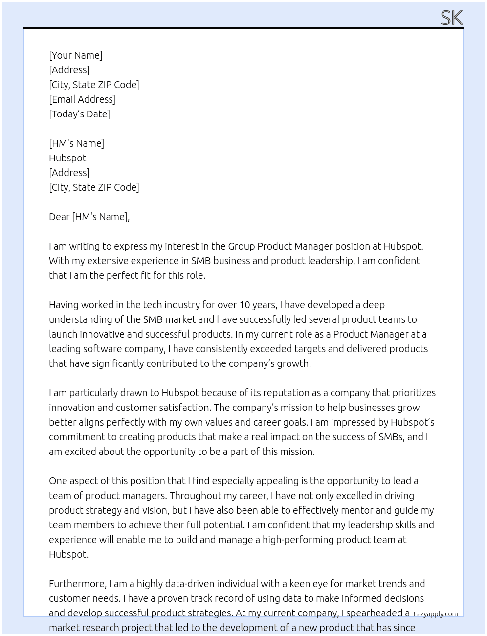 Group product manager At Hubspot Cover Letter