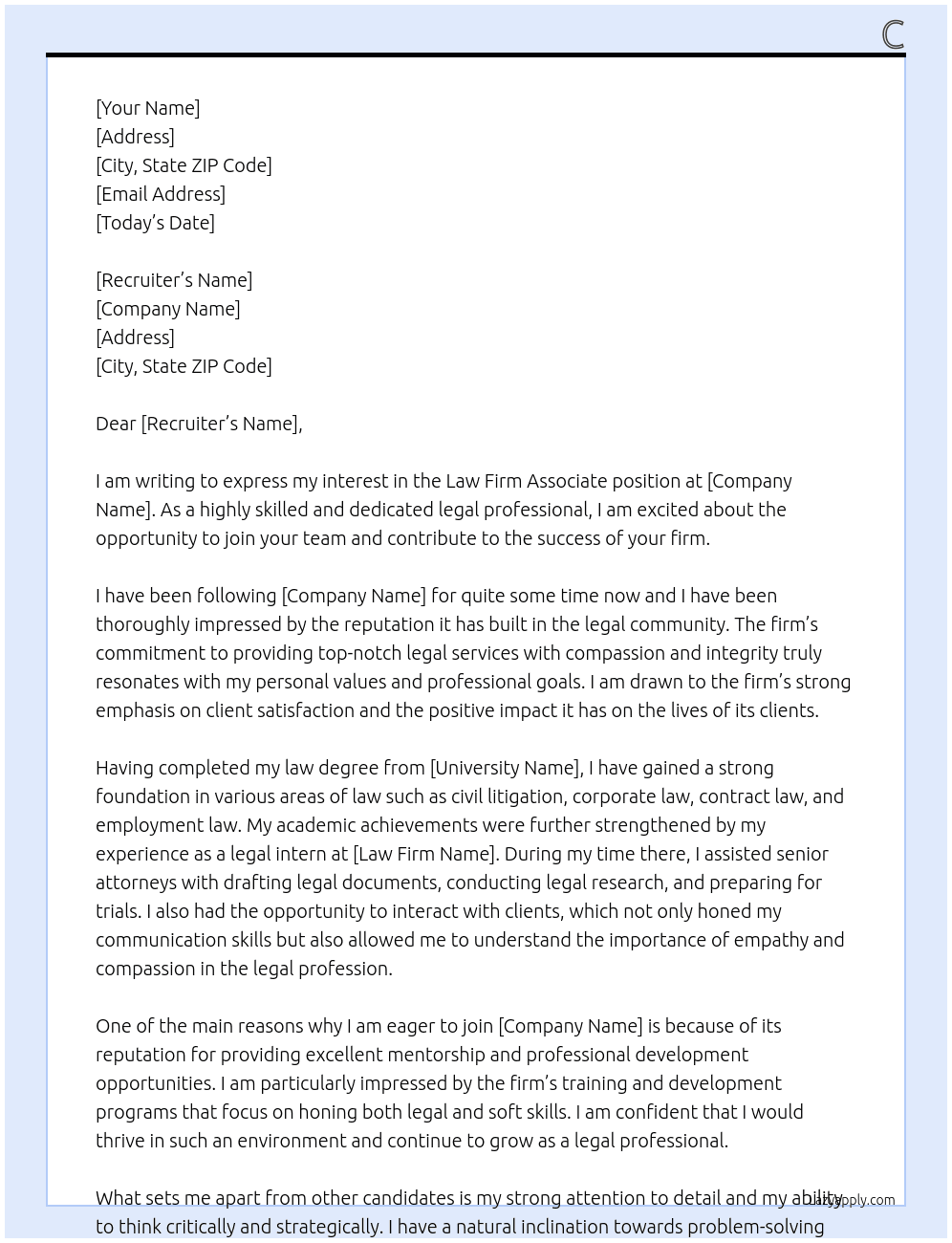 Law firm associate  At Firm Cover Letter