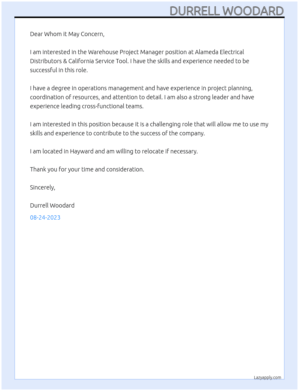 Warehouse Project Managert At Alameda Electrical Distributors & California Service Tool Cover Letter