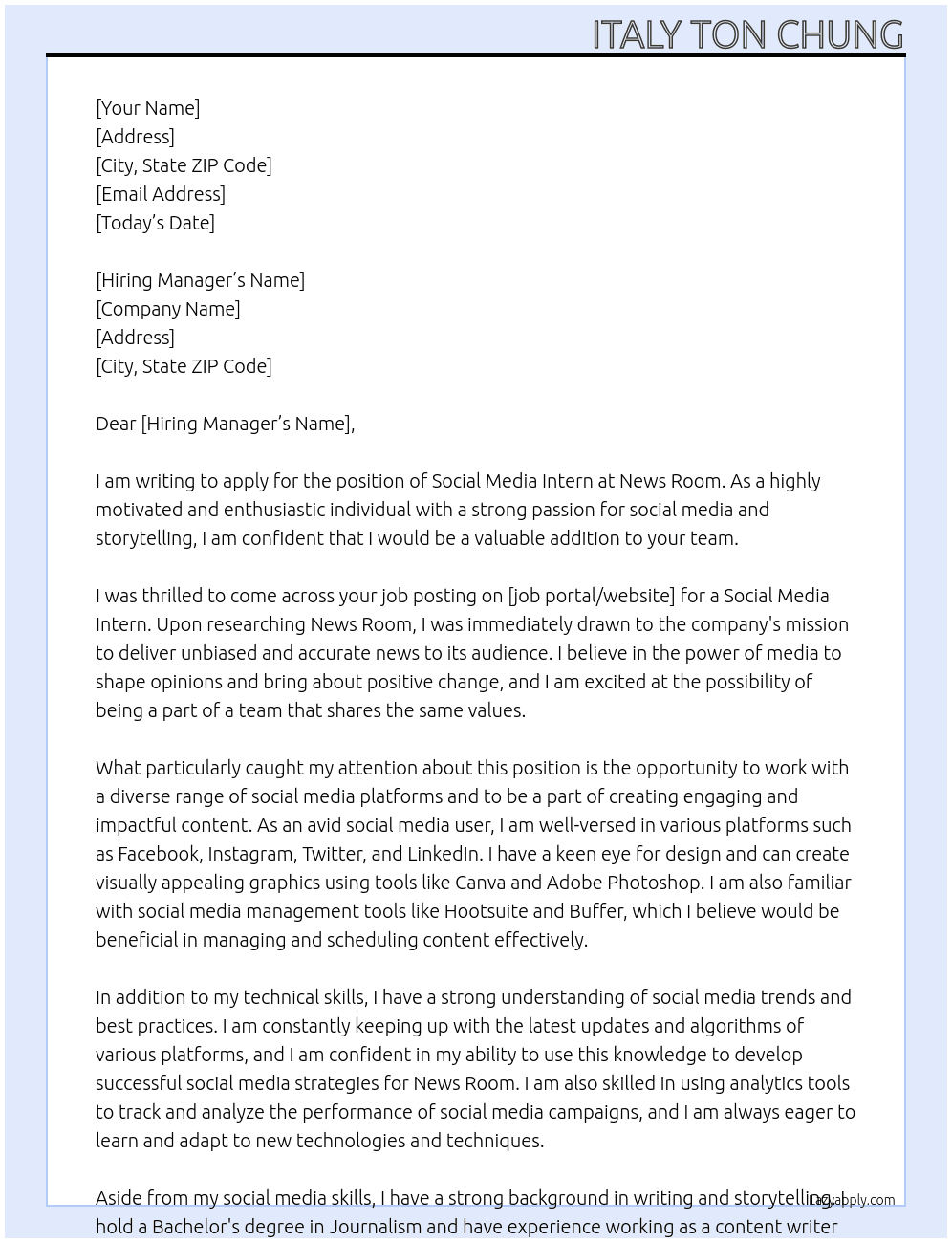 social media intern At News Room Cover Letter
