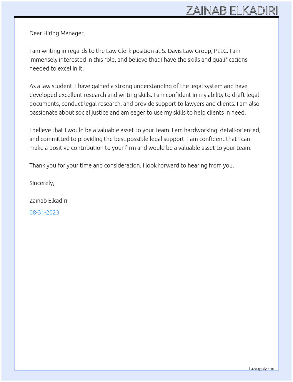 Law clerk At S. Davis Law Group, PLLC Cover Letter