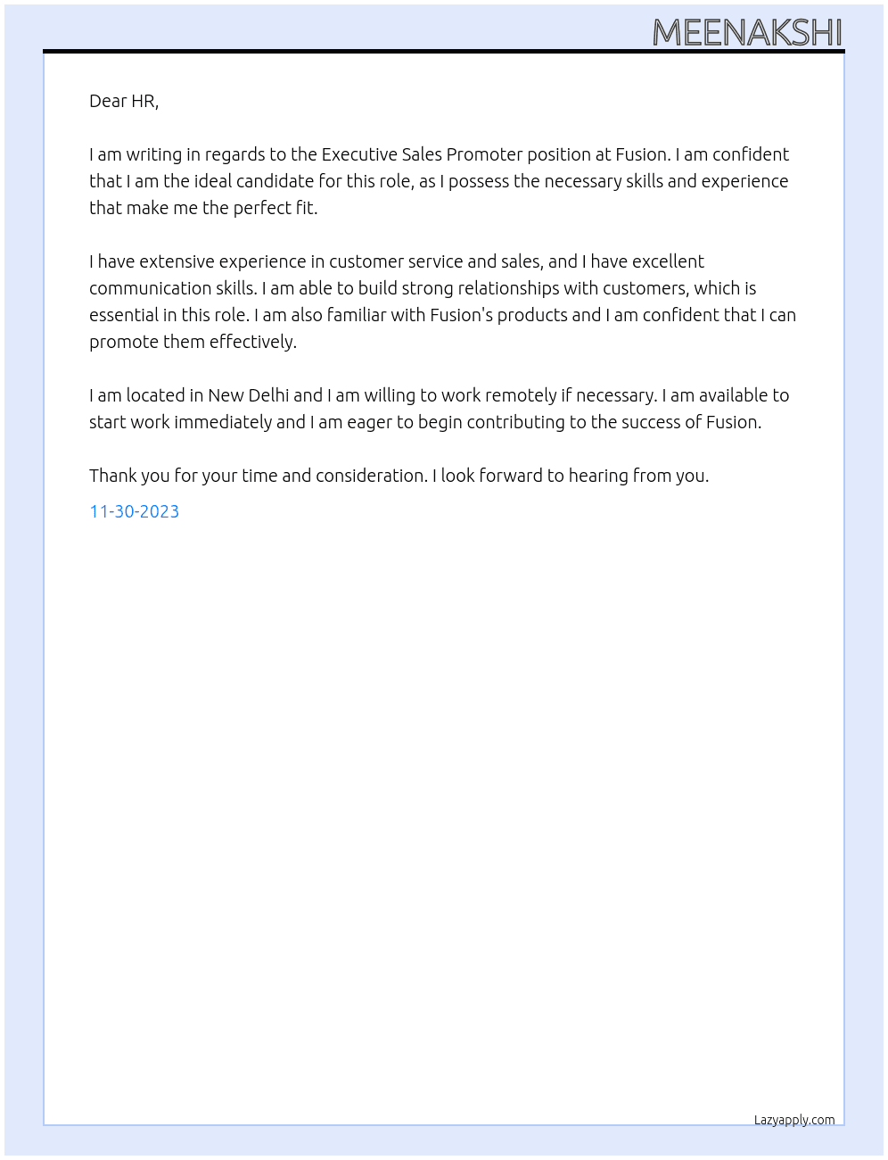 Executive sales promoter At Fusion Cover Letter