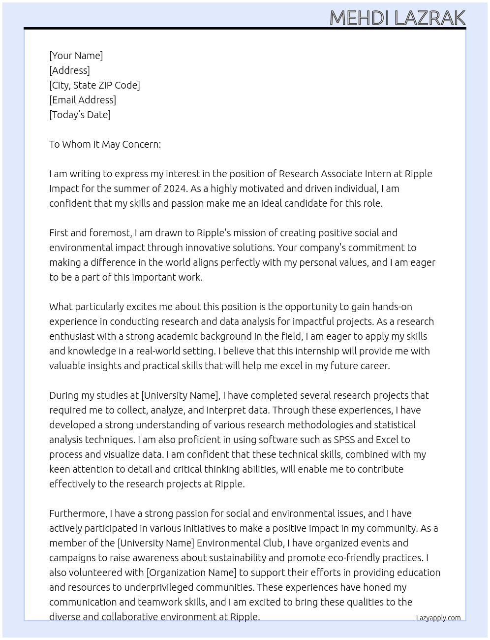 Research Associate Intern, Ripple Impact (Summer 2024) At Ripple Cover Letter