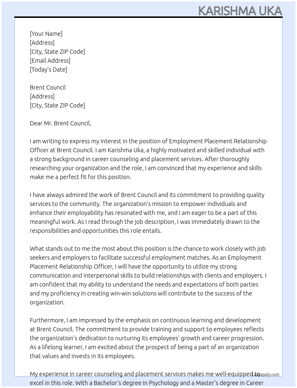 EmploymePlacement Relationship Officernt Advisor  At Brent Council Cover Letter
