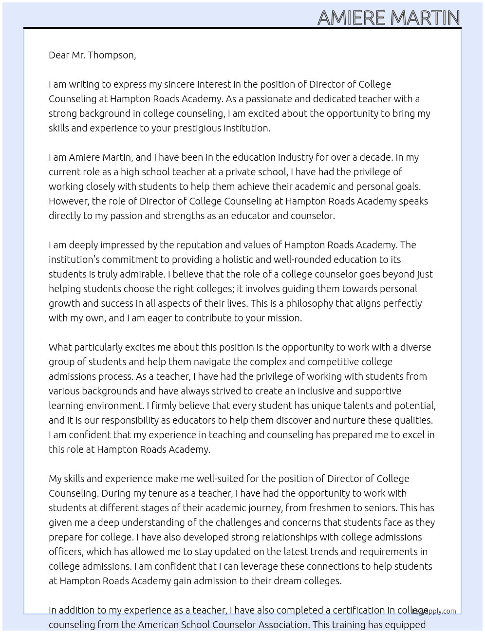 director of college counseling  At Hampton Roads Academy Cover Letter