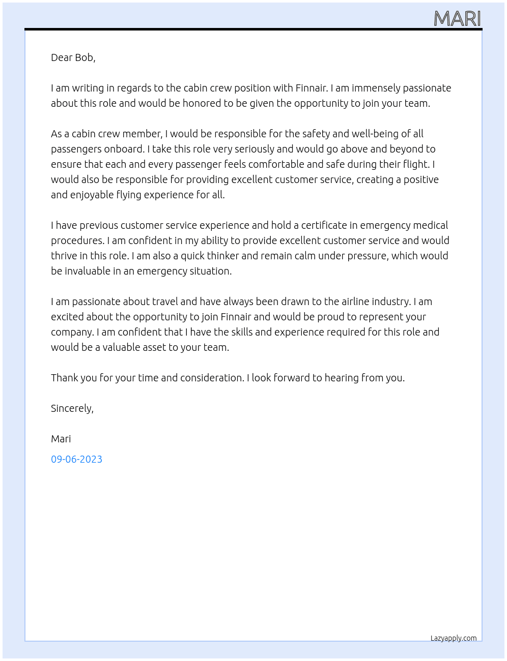 cabin crew At Finnair Cover Letter