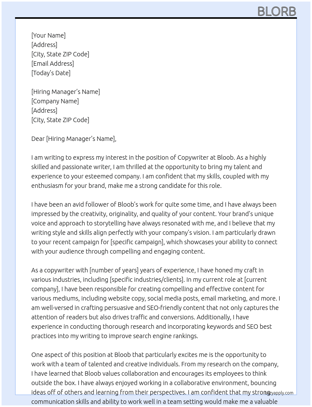 copywriter At bloob Cover Letter