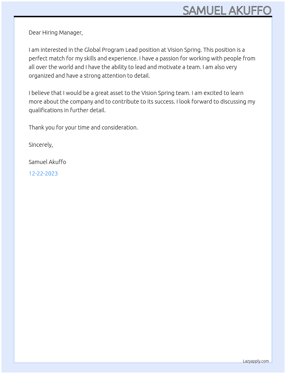 Global Program Lead At Vision Spring Cover Letter