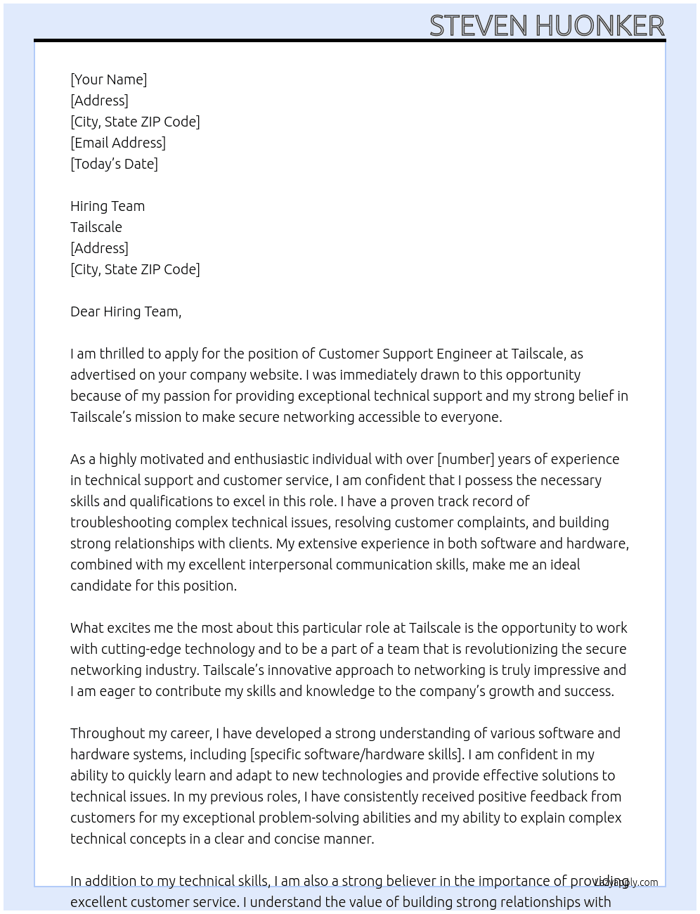 Customer Support Engineer At Tailscale Cover Letter