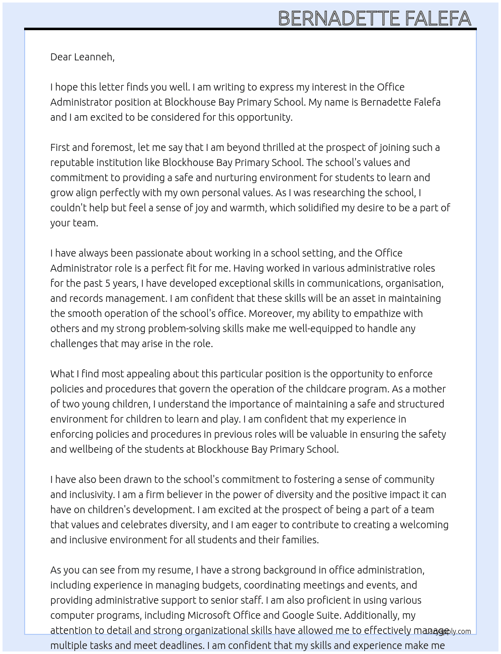 Office Administator  At Blockhouse Bay Primary School Cover Letter