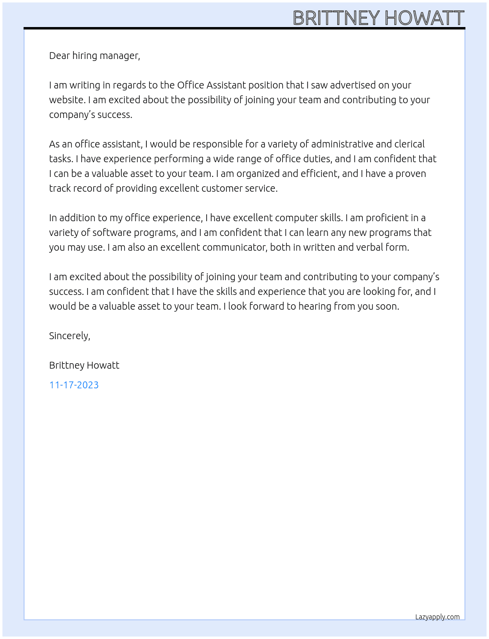 Office Assistant At Office assistant Cover Letter
