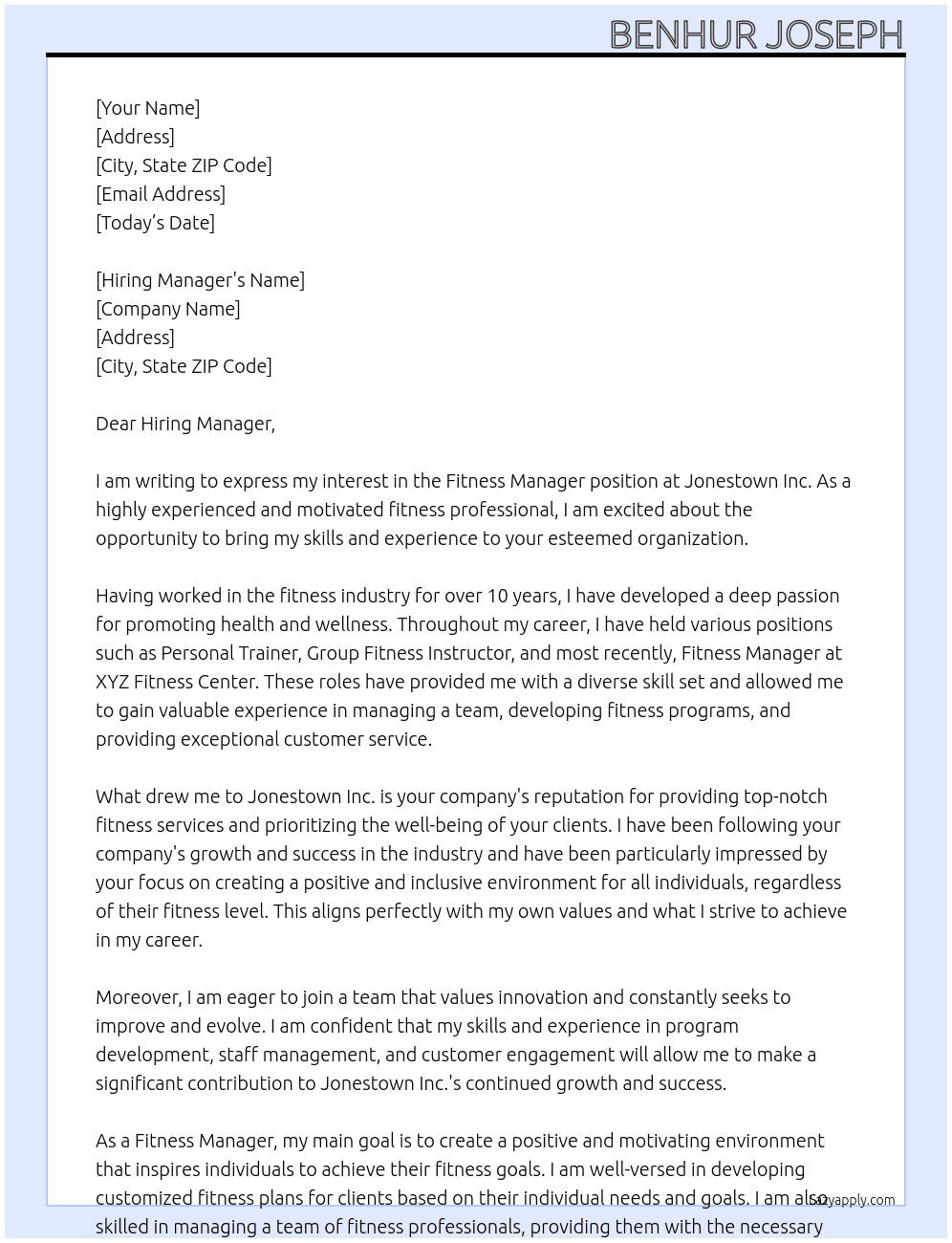 Fitness Manager At Jonestown Inc. Cover Letter