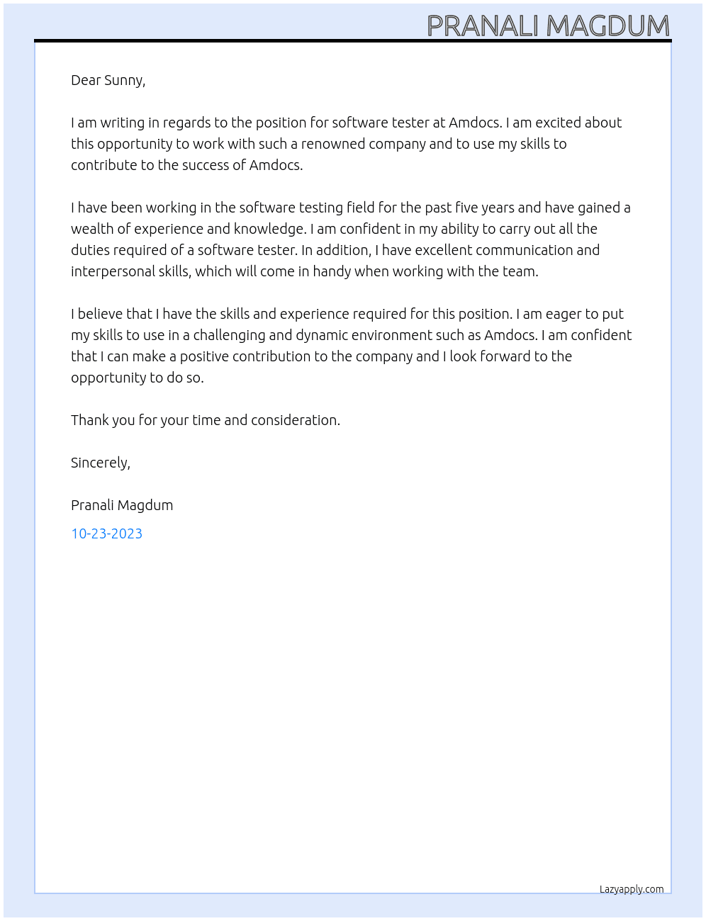 Software Tester At Amdocs Cover Letter
