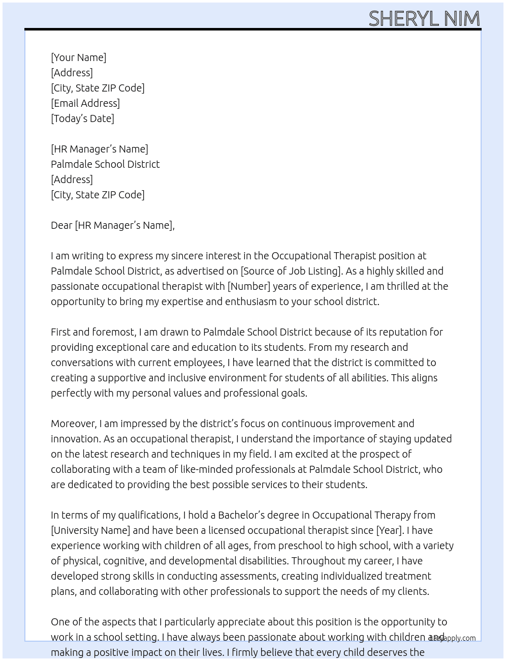 occupational therapist At Palmdale School District Cover Letter