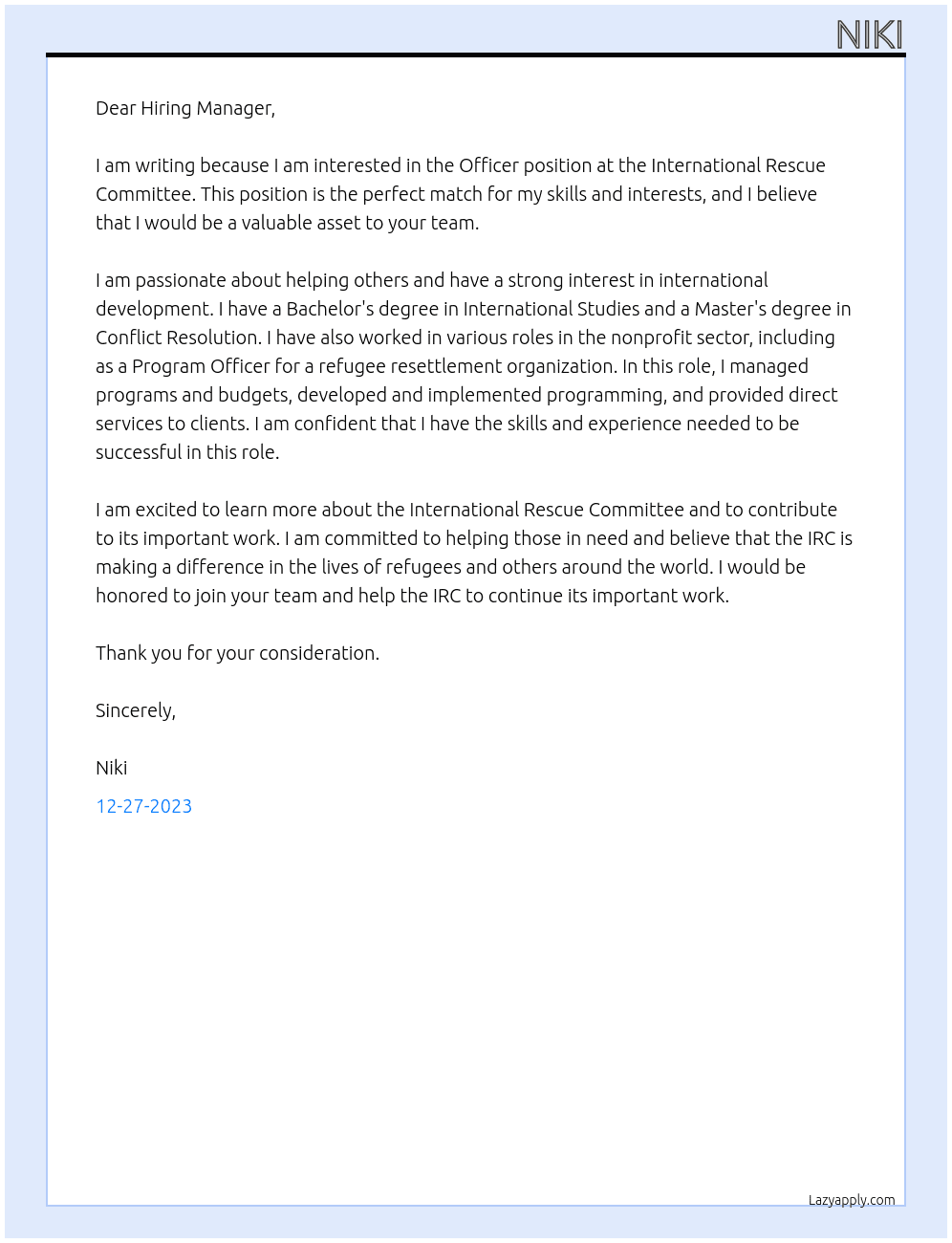 Officer At International Rescue Committee Cover Letter