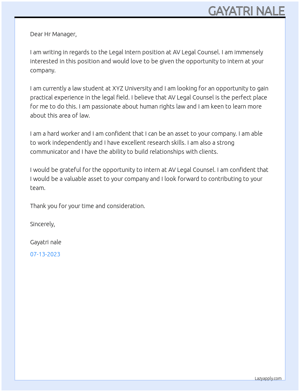 Legal Intern At AV Legal Counsel Cover Letter