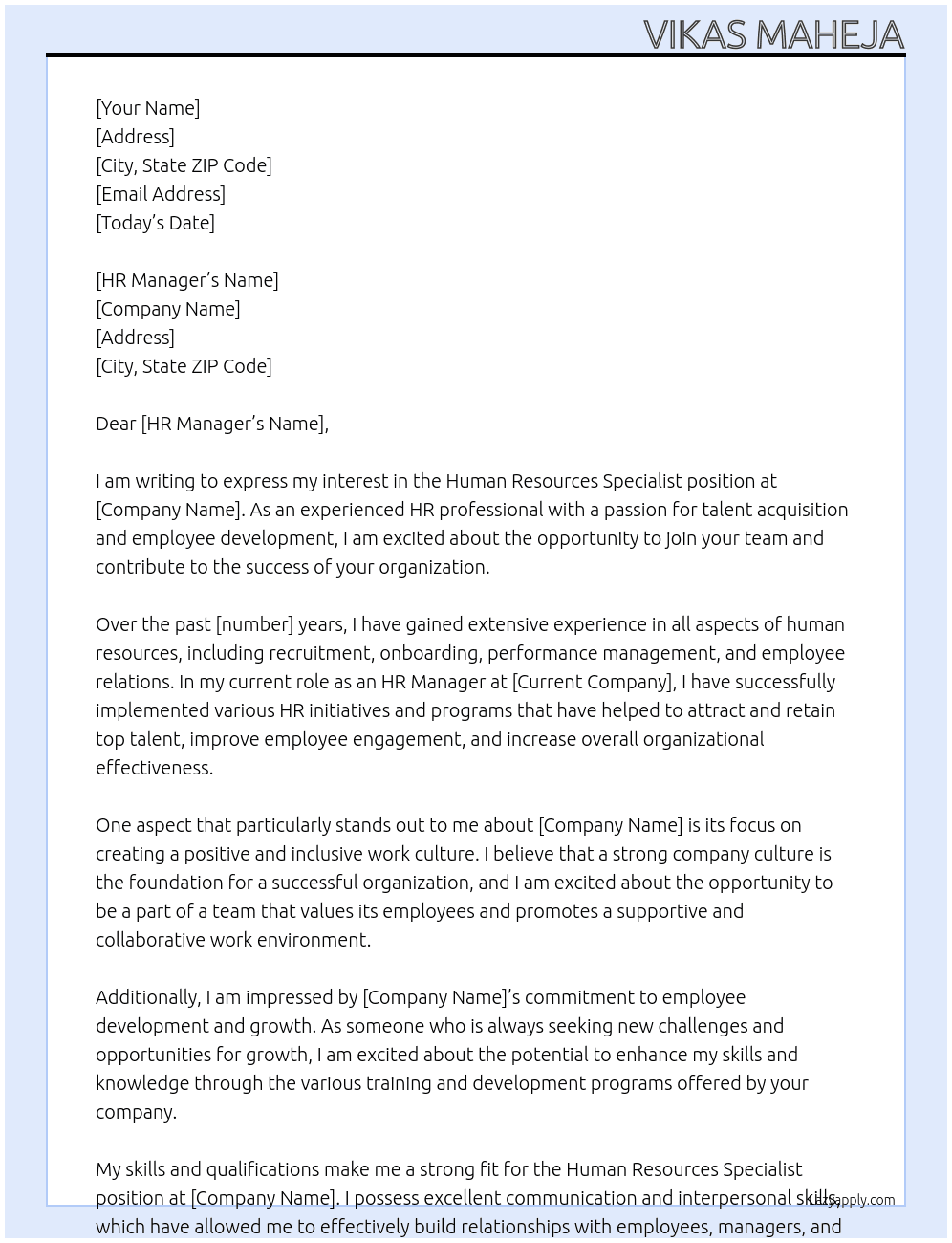 Human Resources Specialist At .  Cover Letter
