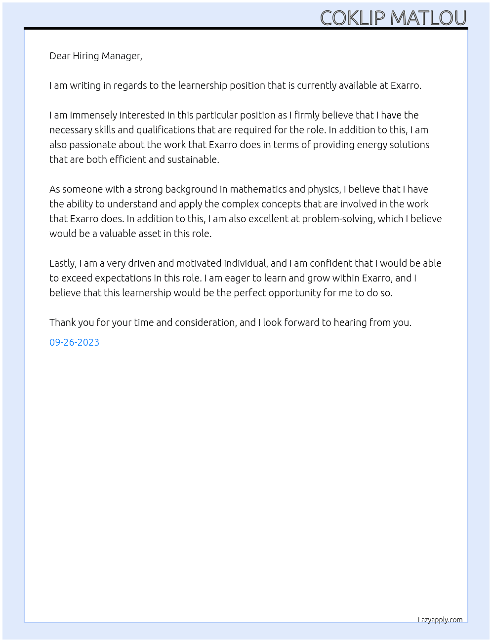learnership At Exarro Cover Letter