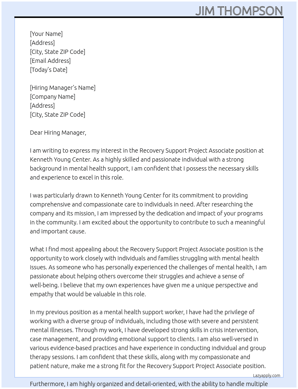 Recovery Support Project Associate  At Kenneth Young Center Cover Letter