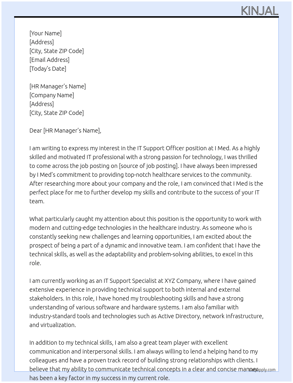 IT support officer At I Med Cover Letter