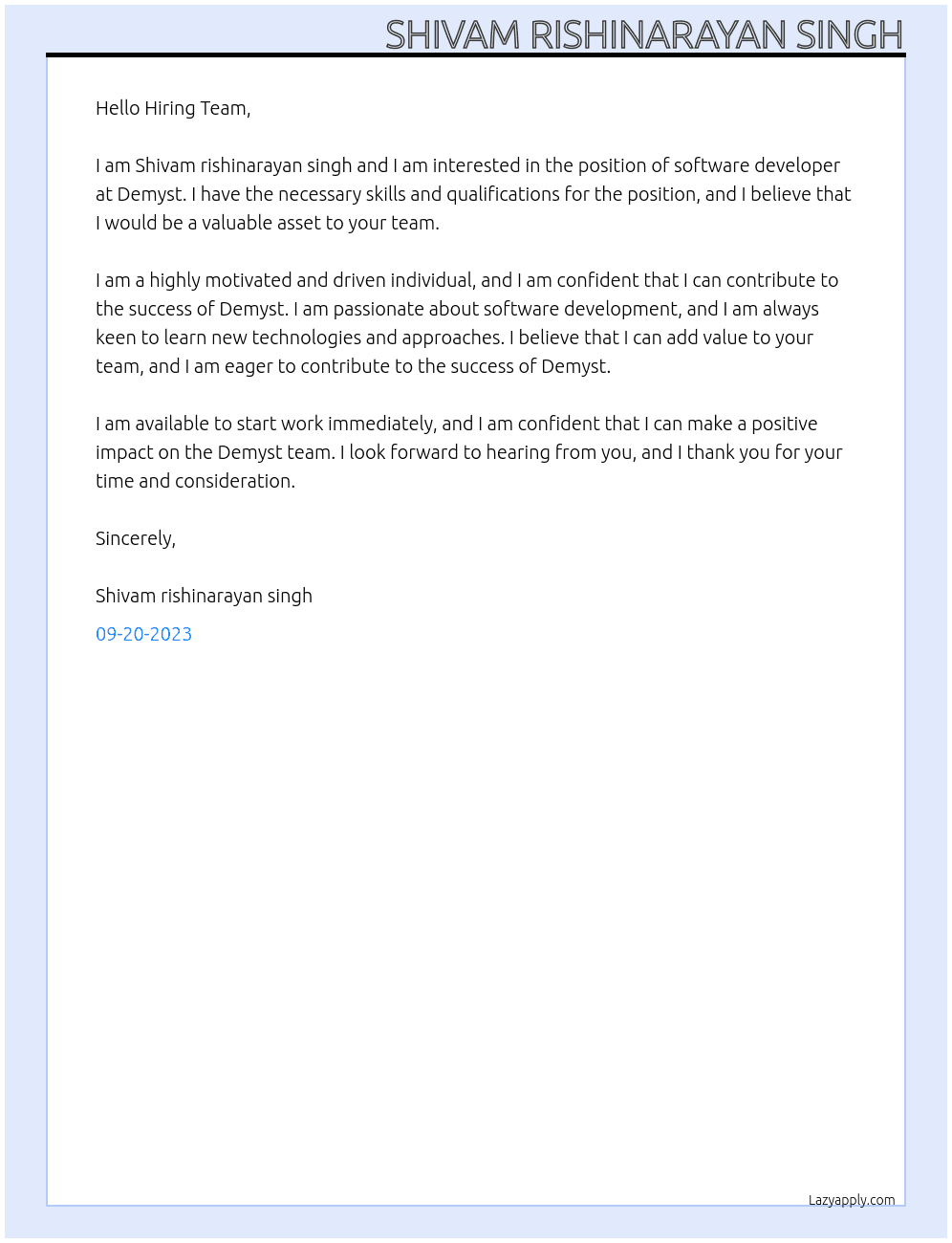 software developer At Demyst Cover Letter
