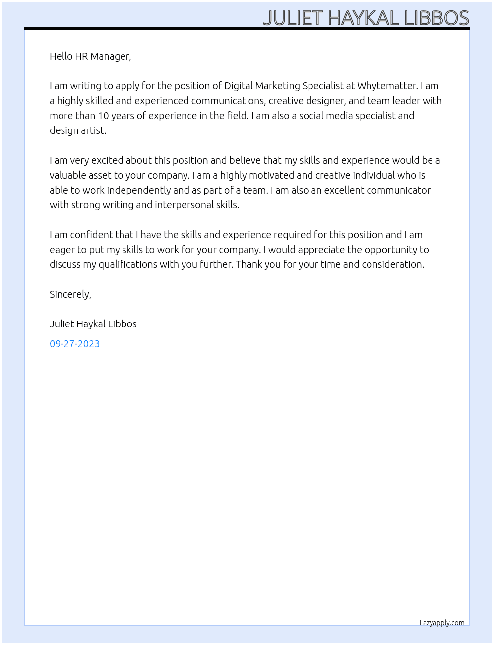 Digital Marketing Specialist At Whytematter Cover Letter
