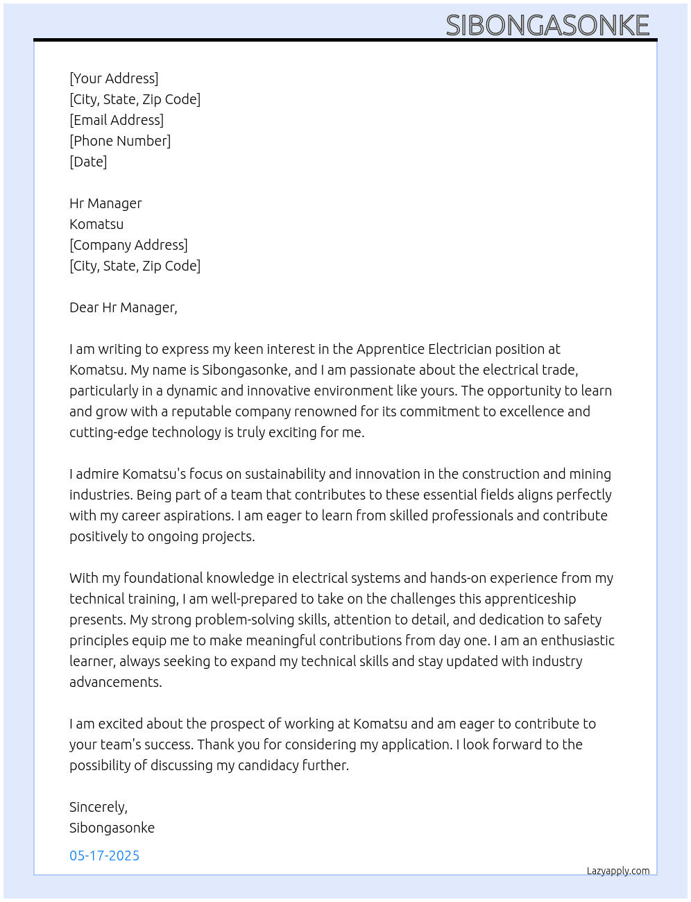 Apprentice Electrician At Komatsu Cover Letter