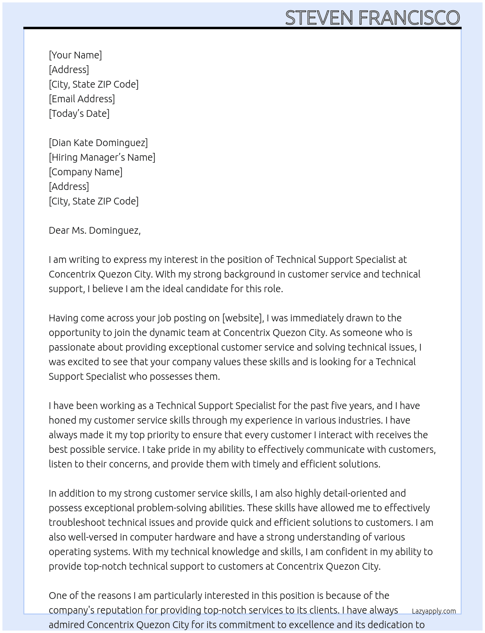 Technical Support Specialist At Concentrix Quezon City Cover Letter