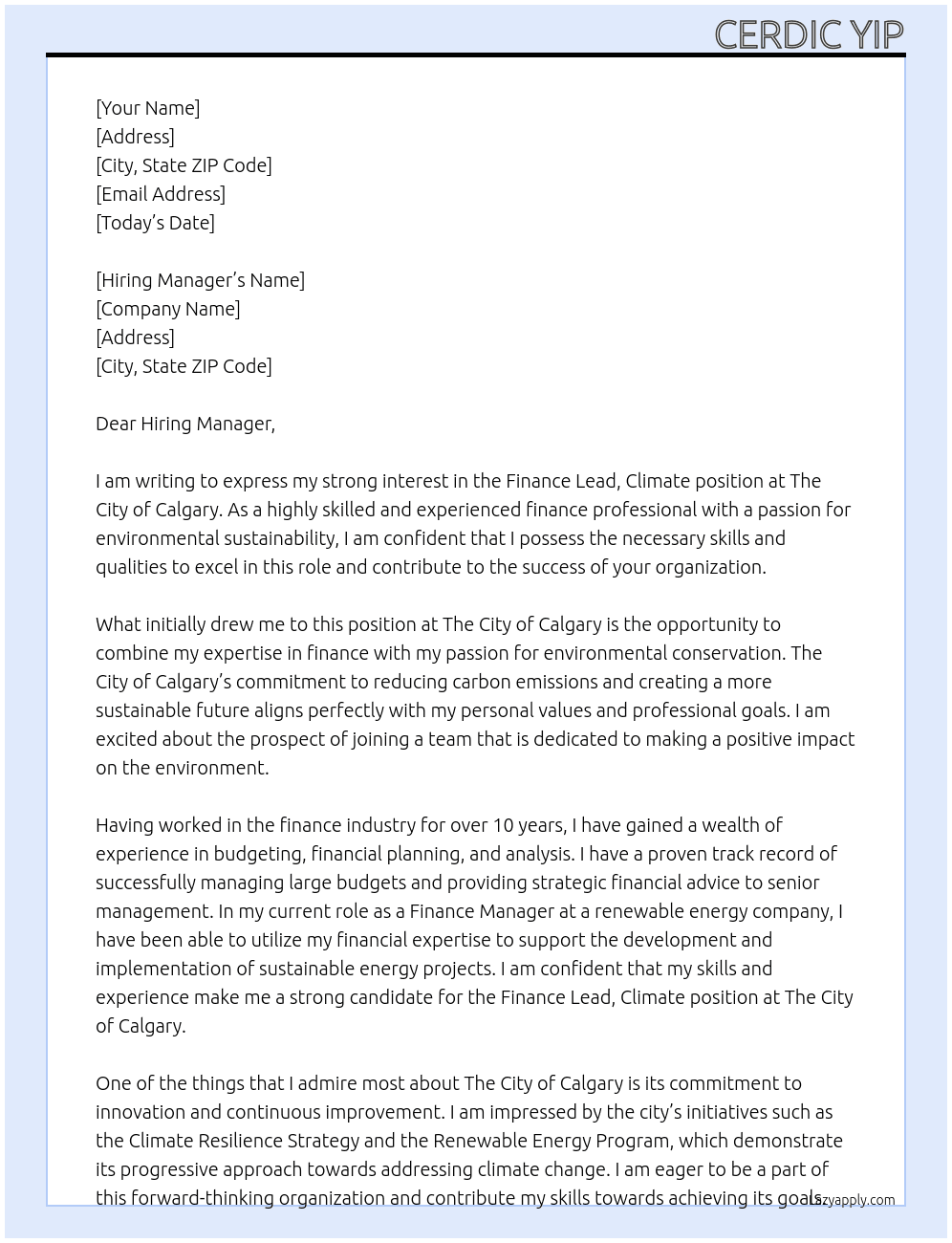 Finance Lead, Climate At The City of Calgary Cover Letter