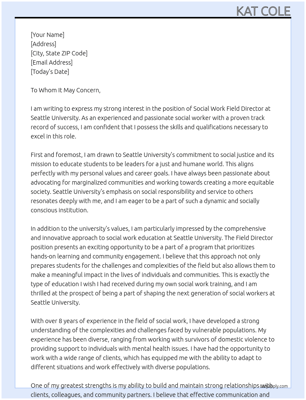 Social Work Field Director At Seattle University Cover Letter